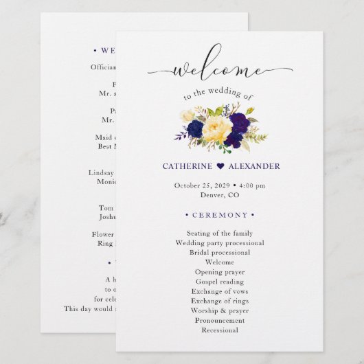 Waterverf Navy Blue Yellow Floral Wedding Programm (Voorkant / Achterkant)
