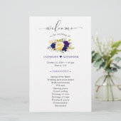 Waterverf Navy Blue Yellow Floral Wedding Programm (Staand voorkant)