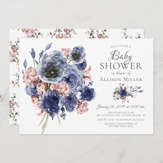 Waterverf Navy Blush Bloemen Baby shower Kaart (Voorkant / Achterkant)