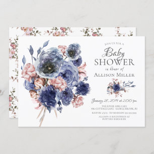 Waterverf Navy Blush Bloemen Baby shower Kaart