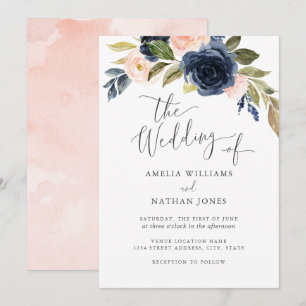 Waterverf Navy Blush Bloemenkrans Bruiloft Kaart