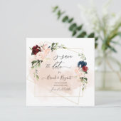Waterverf Navy Blush Burgundy Rozen Save the Date Kaart (Staand voorkant)