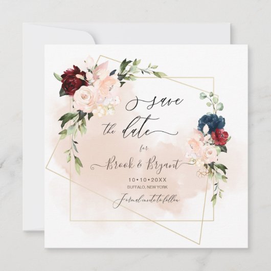 Waterverf Navy Blush Burgundy Rozen Save the Date Kaart (Voorkant)