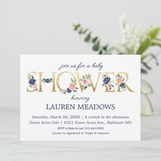 Waterverf Navy & Coral Floral Baby shower Kaart (Staand voorkant)