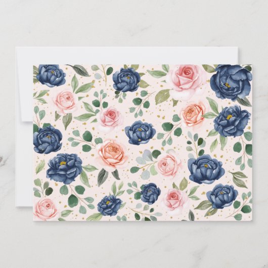 Waterverf Navy & Coral Floral Baby shower Kaart (Achterkant)
