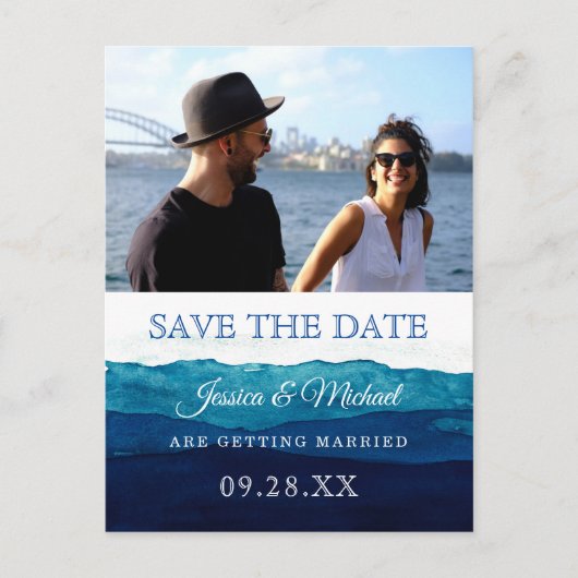 Waterverf Navy Diepblauwe Foto Save The Date Uitnodiging Briefkaart (Voorkant)