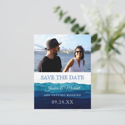 Waterverf Navy Diepblauwe Foto Save The Date Uitnodiging Briefkaart (Staand voorkant)