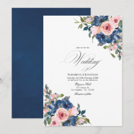 Waterverf Navy en Blush Bloemen Bruiloft Kaart