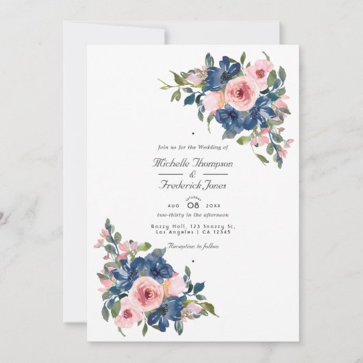 Waterverf Navy en Blush Bloemencode met QR voor Tr Kaart (Voorkant)
