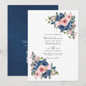 Waterverf Navy en Blush Bloemencode met QR voor Tr Kaart (Voorkant / Achterkant)