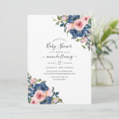 Waterverf Navy en Blush Bloemetjes Baby Shower Kaart (Staand voorkant)