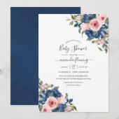 Waterverf Navy en Blush Bloemetjes Baby Shower Kaart (Voorkant / Achterkant)