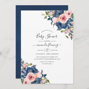 Waterverf Navy en Blush Floral Baby shower Kaart