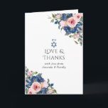 Waterverf Navy en Blush Floral Bat Mitzvah Foto Bedankkaart<br><div class="desc">Trendy blush roze en navy blue floral bat mitzvah foto bedankt je kaarten met gouden lijst dat aanpasbaar is aan je specificaties.</div>