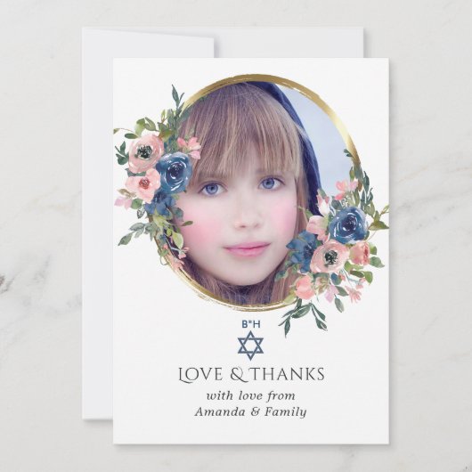 Waterverf Navy en Blush Floral Bat Mitzvah Foto Bedankkaart (Voorkant)