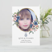 Waterverf Navy en Blush Floral Bat Mitzvah Foto Bedankkaart (Staand voorkant)