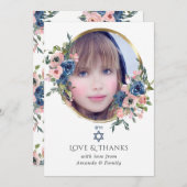 Waterverf Navy en Blush Floral Bat Mitzvah Foto Bedankkaart (Voorkant / Achterkant)