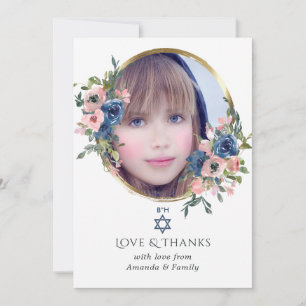 Waterverf Navy en Blush Floral Bat Mitzvah Foto Bedankkaart