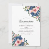 Waterverf Navy en Blush Floral Quinceañera Kaart (Voorkant)