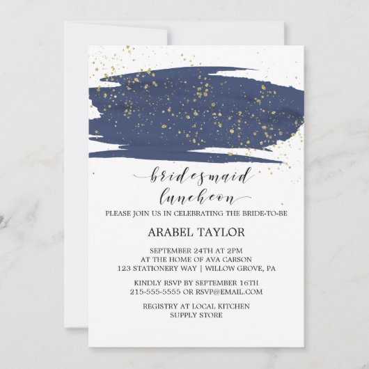 Waterverf Navy en Gold Bridesmaid Luncheon Kaart (Voorkant)