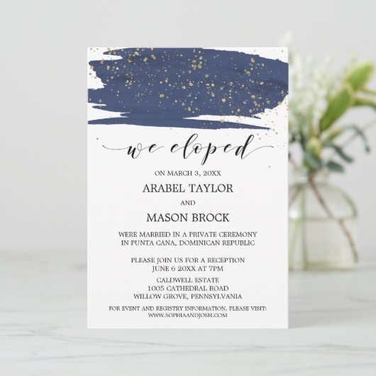 Waterverf Navy en Gouden Elopement Ontvangst Kaart (Staand voorkant)