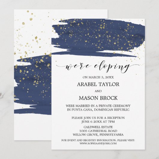 Waterverf Navy en Gouden Elopement Ontvangst Kaart (Voorkant / Achterkant)