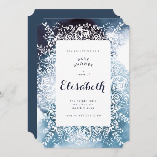 Waterverf Navy Floral Baby shower Invitation Kaart (Voorkant / Achterkant)