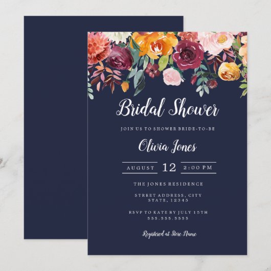 Waterverf Navy Floral Vrijgezellenfeest Kaart (Voorkant / Achterkant)