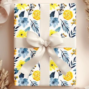 Waterverf Navy Geel Boho Bloem Cadeaupapier