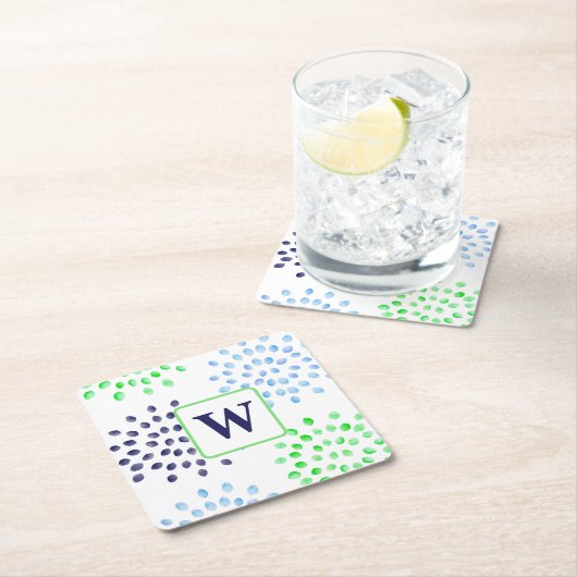 Waterverf Navy Green Blue Flower Monogram Kartonnen Onderzetters (Insitu)