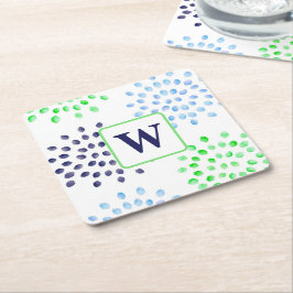 Waterverf Navy Green Blue Flower Monogram Kartonnen Onderzetters