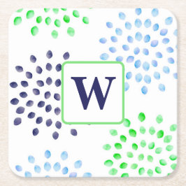 Waterverf Navy Green Blue Flower Monogram Kartonnen Onderzetters