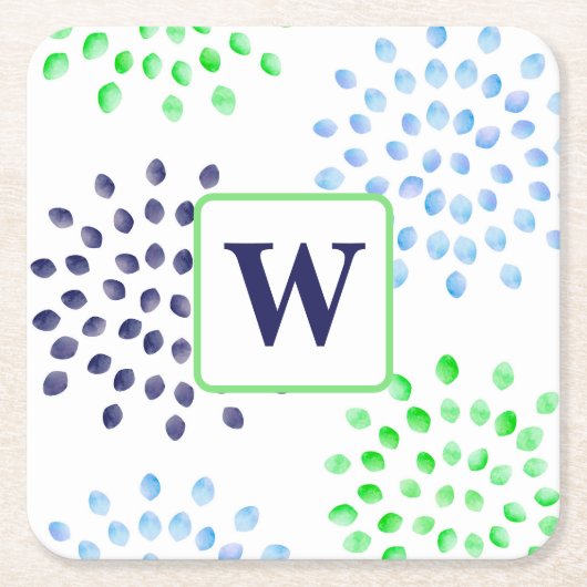 Waterverf Navy Green Blue Flower Monogram Kartonnen Onderzetters (Voorkant)