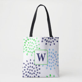 Waterverf Navy Green Blue Flower Monogram Tote Bag
