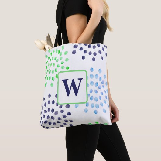 Waterverf Navy Green Blue Flower Monogram Tote Bag (Dichtbij)