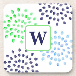 Waterverf Navy Groen Blauw Bloem Monogram Bier Onderzetter