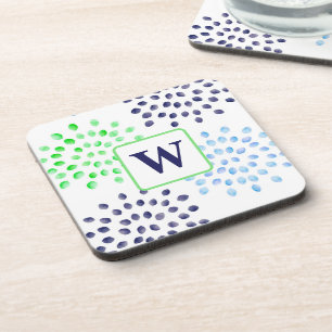 Waterverf Navy Groen Blauwe Bloem Monogram Bier Onderzetter