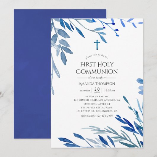 Waterverf Navy Indigo Bladeren Eerste Communie Kaart (Voorkant / Achterkant)