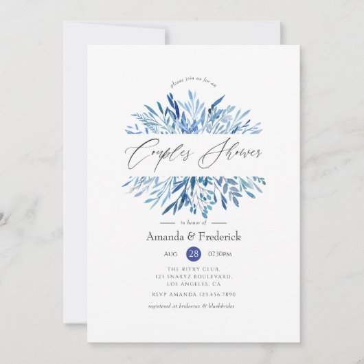 Waterverf Navy Indigo Bladeren Koppels Bruisbad Kaart (Voorkant)