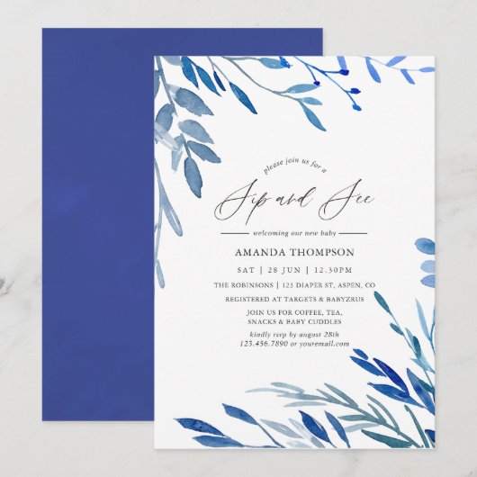 Waterverf Navy Indigo verlaat Sip en zie feest Kaart (Voorkant / Achterkant)