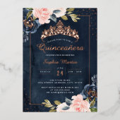 Waterverf Navy Roos Gold Quinceanera Folie Uitnodiging (Voorkant)