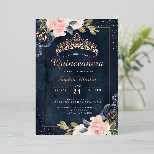 Waterverf Navy Roos Gold Quinceanera Folie Uitnodiging (Staand Voorkant)
