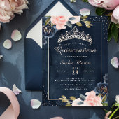 Waterverf Navy Roos Gold Quinceanera Folie Uitnodiging