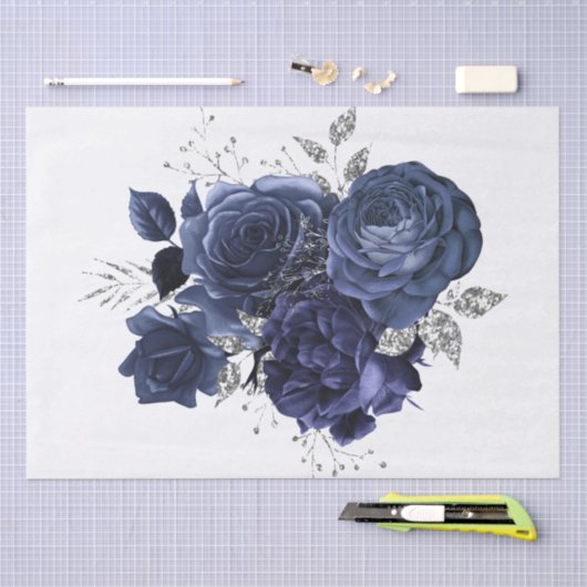 Waterverf Navy Silver Floral Bouquet Tissuepapier (Craft)