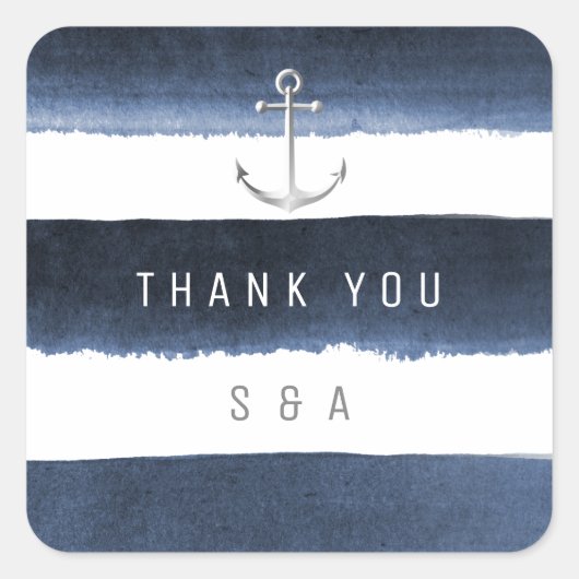 Waterverf Navy Stripes Anker Strand Bruiloft Vierkante Sticker (Voorkant)