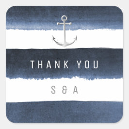Waterverf Navy Stripes Anker Strand Bruiloft Vierkante Sticker
