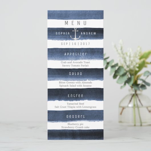 Waterverf Navy Stripes Strand bruiloft menu (Staand voorkant)