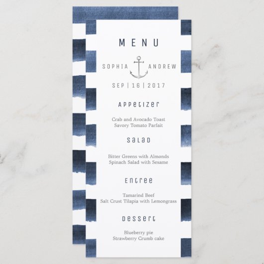 Waterverf Navy Stripes Strand bruiloft menu (Voorkant / Achterkant)