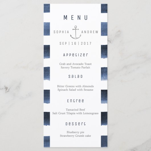 Waterverf Navy Stripes Strand bruiloft menu (Voorkant)