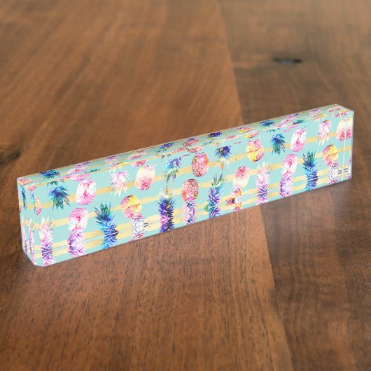 Waterverf Nebula ananas Gold Stripes Design Naambordje (Zijkant)